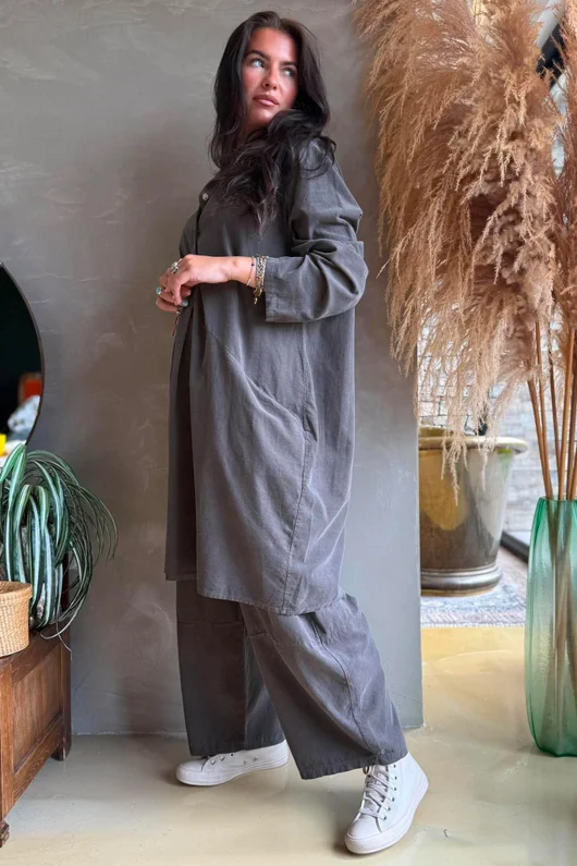 Arbi Needlecord Pop Over Shirt Dress Earth